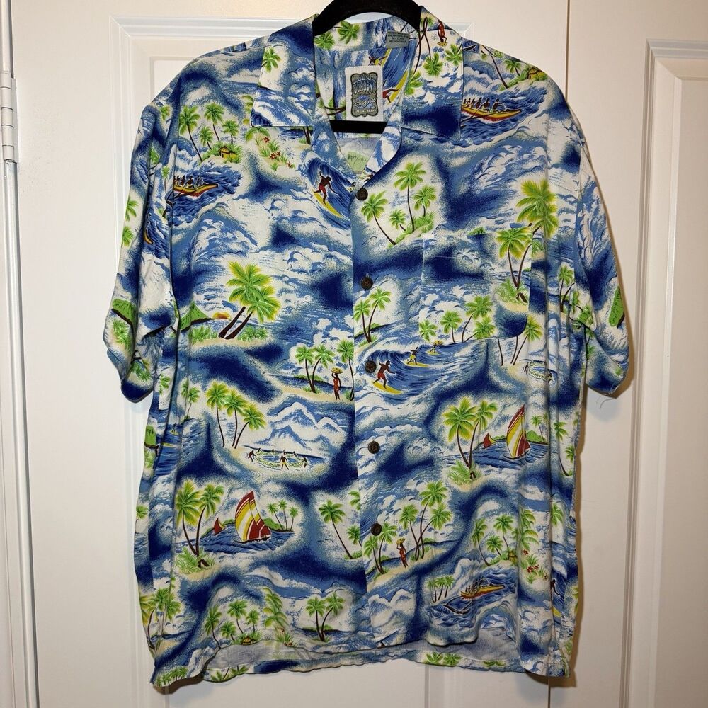Ocean Current Men M Hawaiian Shirt 100 Rayon Blue Button Up Sears Beach Vacation
